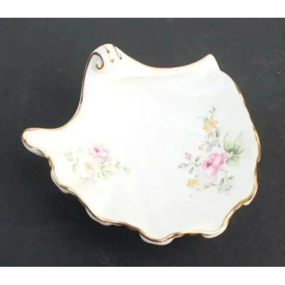 Vtg Oakley China Ltd Footed Sea Shell Trinket Dish Pink Flowers w/ Gold Trim